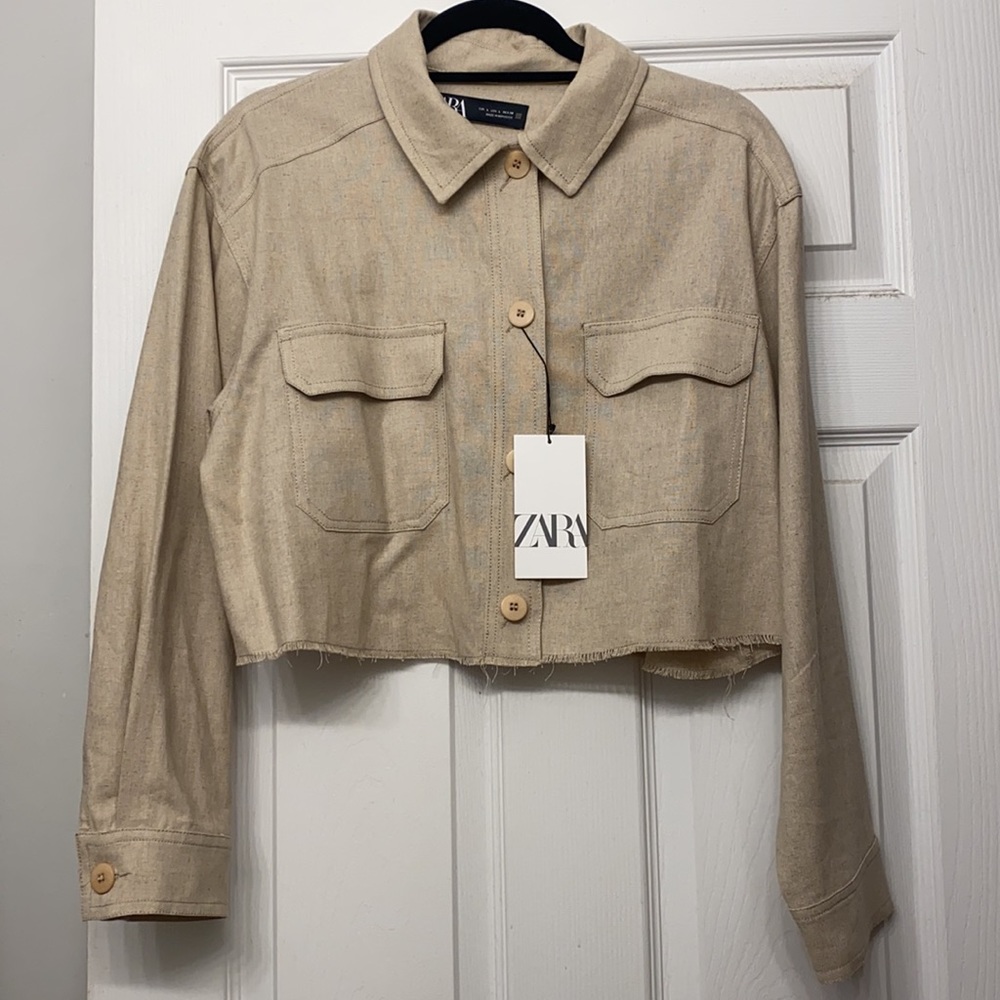 Crop Beige Linen Button Shirt - Picture 1 of 5